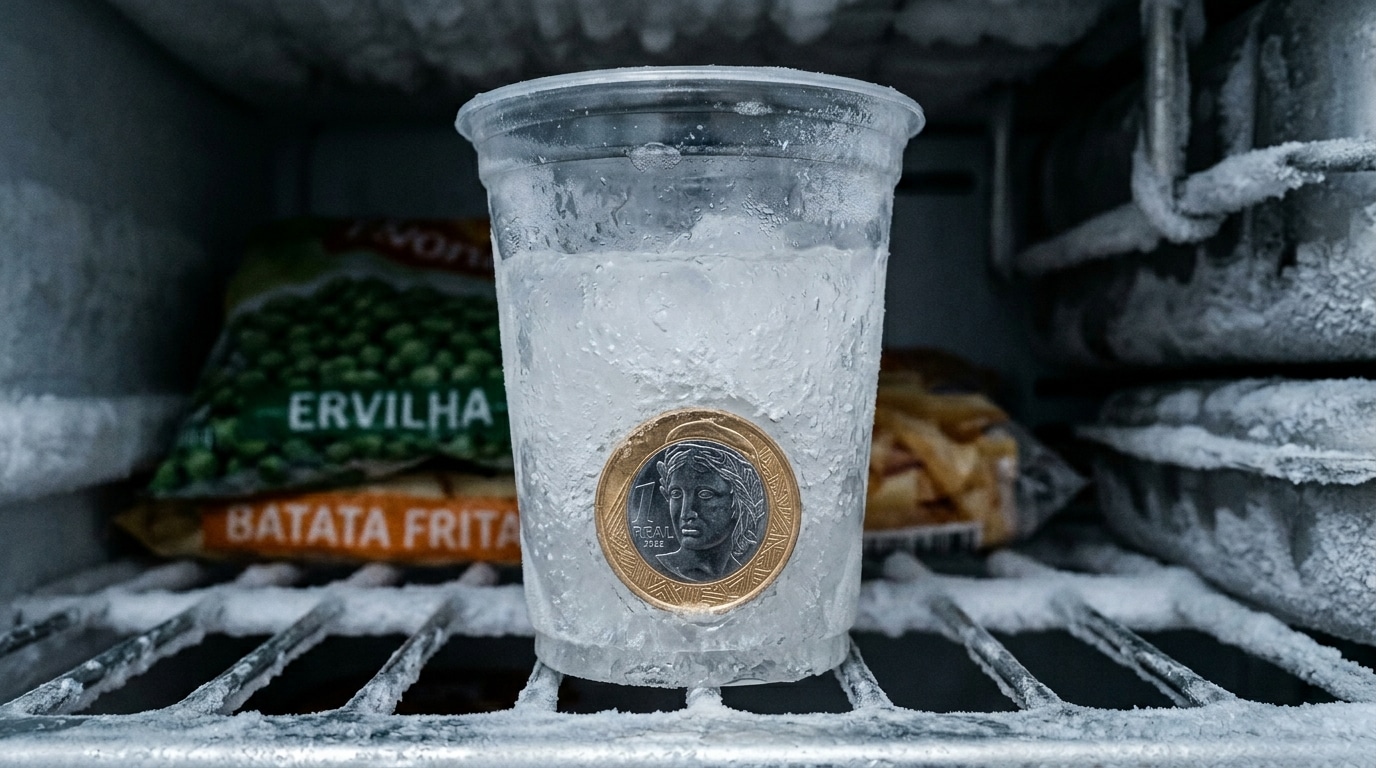 Copo de plástico transparente dentro de um freezer com água congelada e uma moeda de 1 Real presa no meio do bloco de gelo.