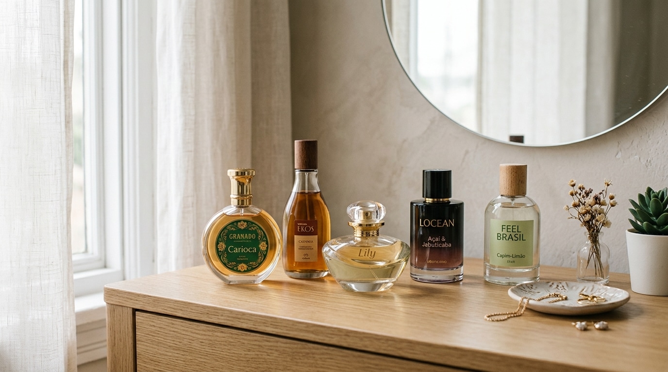 Cinco frascos de perfumes variados organizados sobre uma cômoda de madeira clara, abaixo de um espelho redondo, com joias e pequenos vasos ao lado.