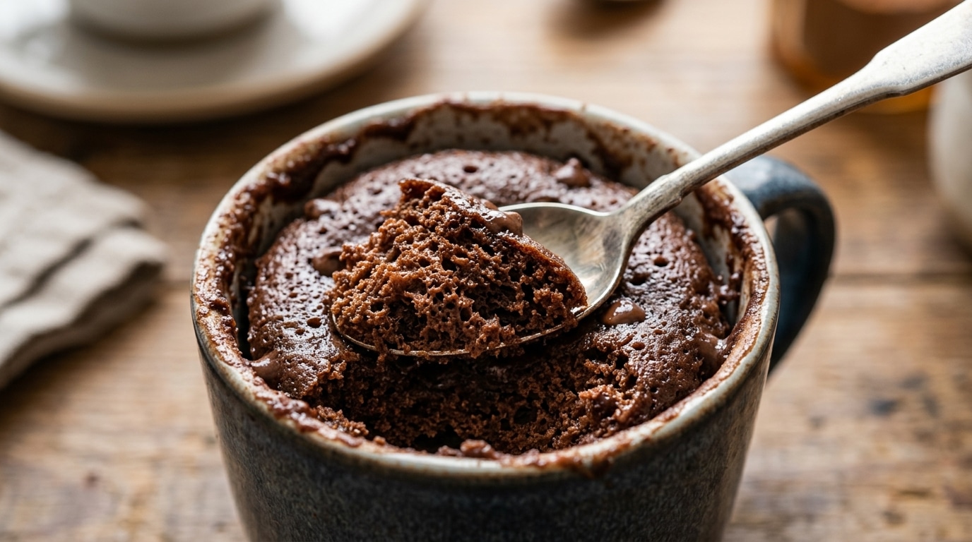 Close-up de uma colher de metal retirando um pedaço poroso e úmido de bolo de chocolate de dentro de uma caneca rústica.