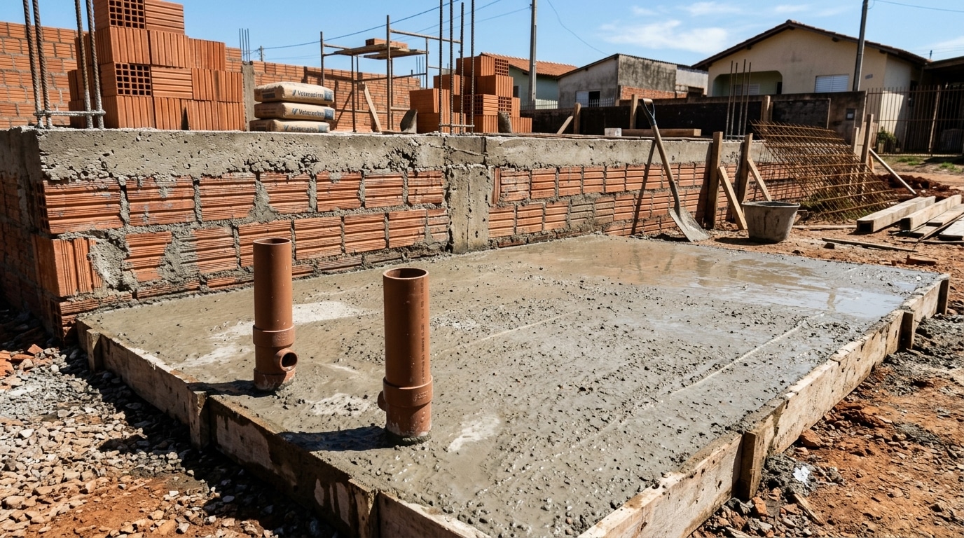 Canteiro de obras mostrando uma base de concreto fresco recém-nivelada dentro de fôrmas de madeira no chão de terra. Dois grossos tubos marrons de PVC para esgoto despontam verticalmente do cimento úmido. Ao fundo, paredes de tijolo baiano sendo erguidas e materiais de construção.