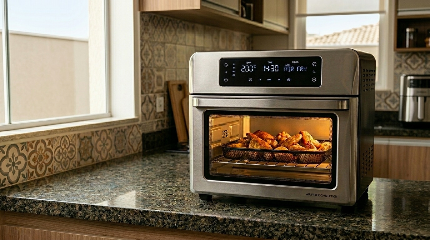 Forno elétrico de bancada em aço inox com painel digital iluminado, assando pedaços de frango em um cesto aramado visível pelo vidro.