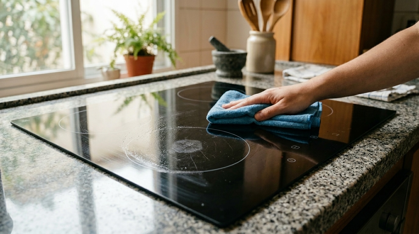 Mão utilizando um pano de microfibra azul para esfregar e remover marcas circulares e resíduos esbranquiçados de um cooktop de indução.