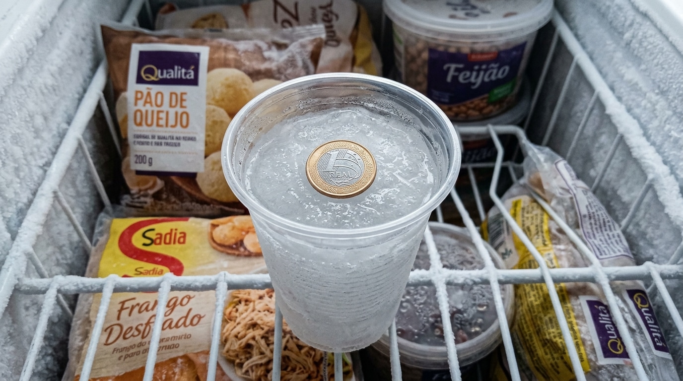 Vista em ângulo superior de um copo de plástico cheio de gelo dentro de um freezer, com uma moeda de 1 Real repousando sobre a superfície rígida.