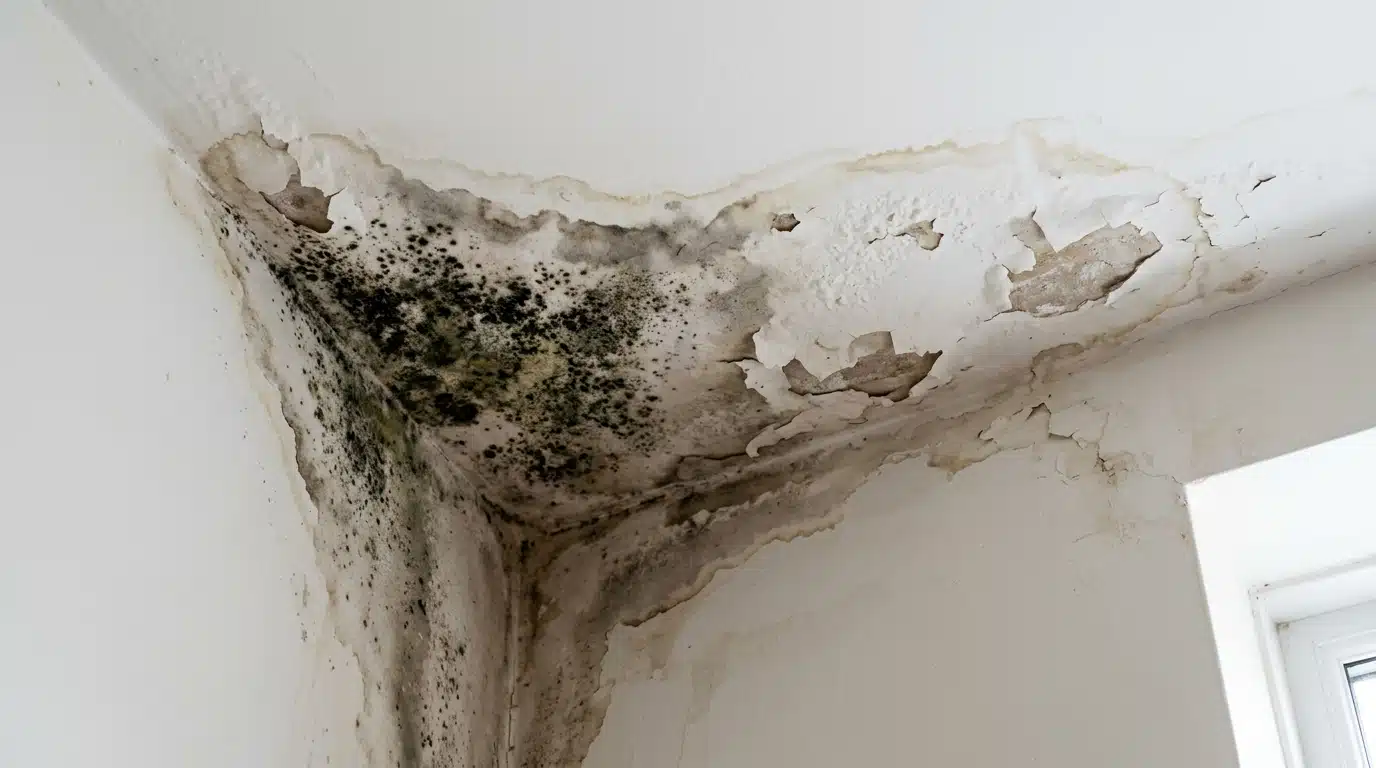 Canto superior de uma parede branca e teto com graves danos por infiltração. A tinta está estufada e descascando, acompanhada por uma grande e escura mancha de mofo preto espalhada pela superfície úmida.