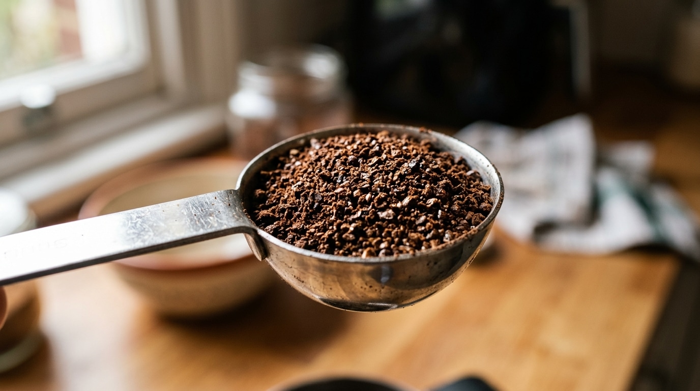 Uma colher medidora de metal segurada no ar, cheia até a borda com pó de café granulado de torra escura, com o fundo da cozinha suavemente desfocado.