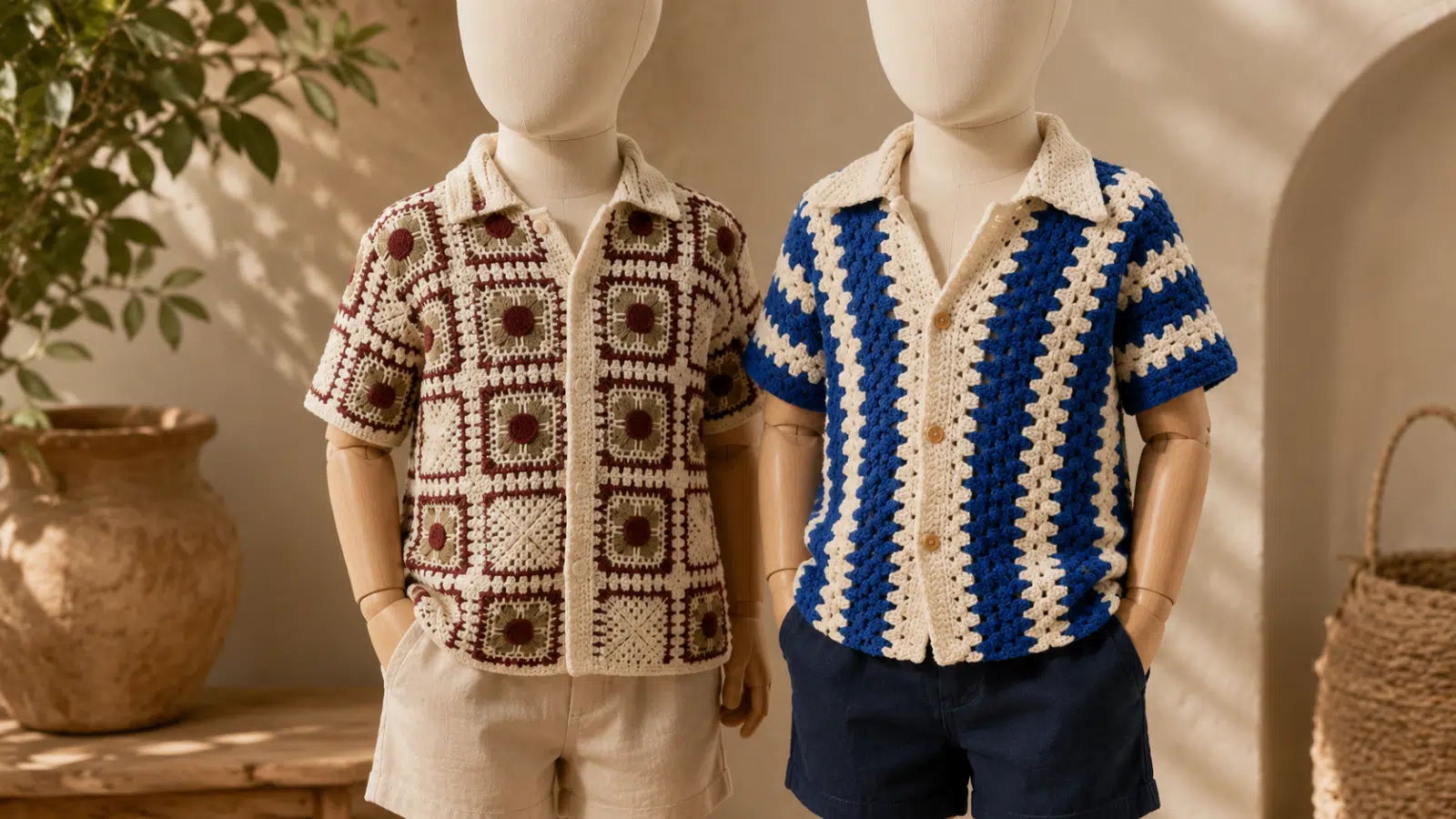 Dois manequins infantis usando camisas de crochê com gola, botões e acabamentos artesanais em uma composição sofisticada.