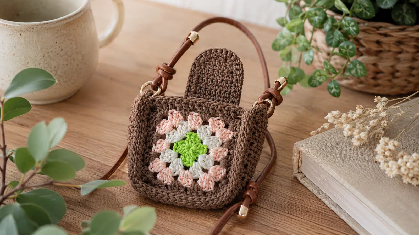 Bolsinha de crochê marrom com square floral colorido, alça prática e acabamento artesanal, ideal para organizar pequenos itens com charme no dia a dia.