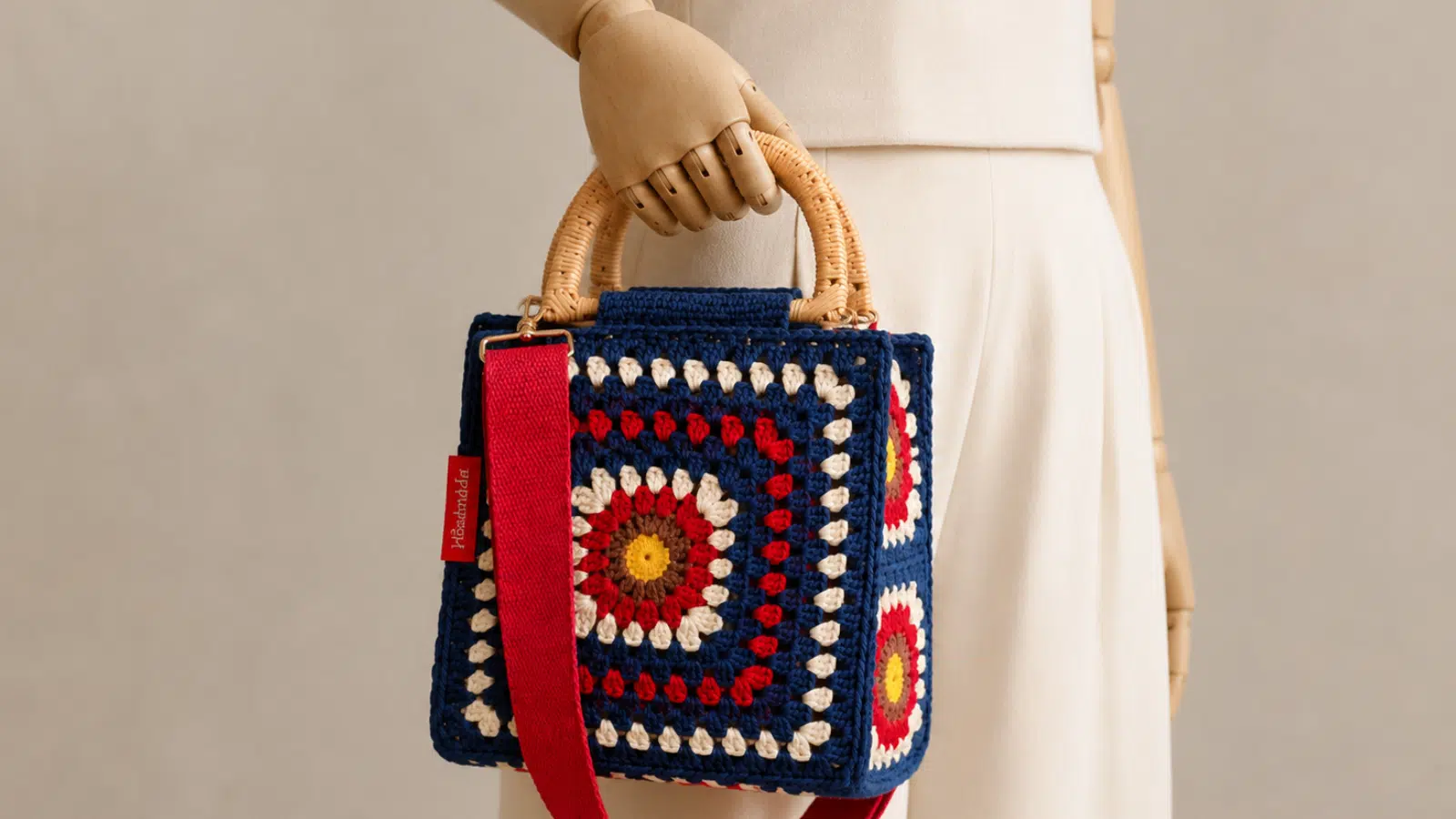 Bolsa de crochê moderna com squares coloridos, alça vermelha e pegador estruturado, exibida em manequim para destacar o charme artesanal da peça.