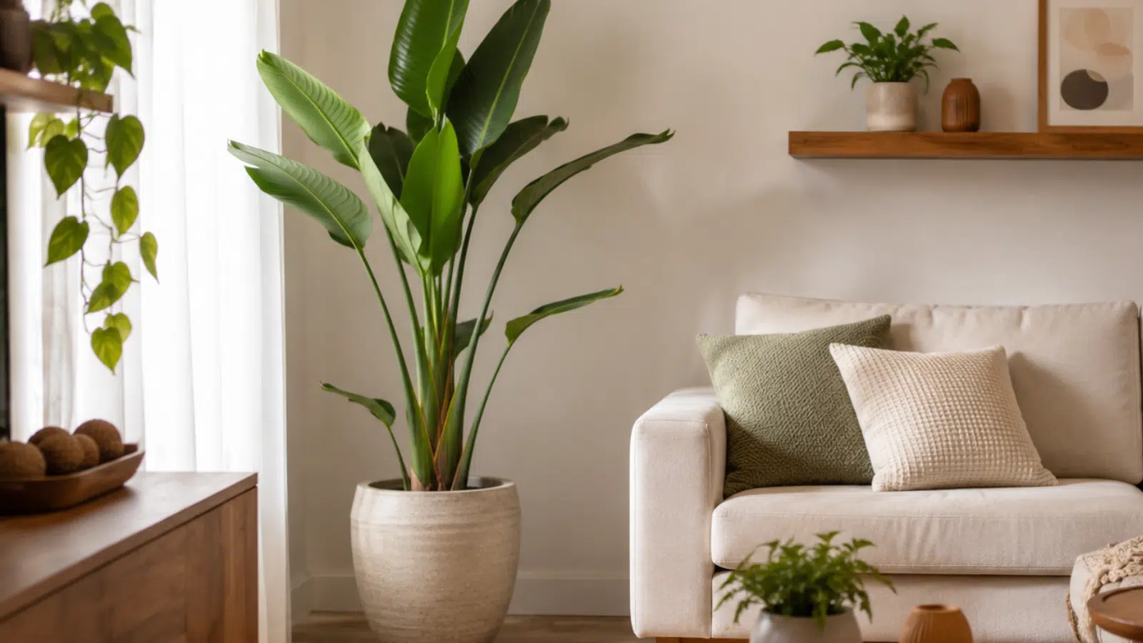 Sala de estar decorada com plantas em pontos estratégicos, criando um ambiente leve, organizado e acolhedor sem excesso visual.