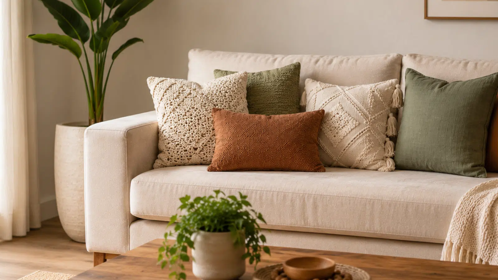 Sala de estar com sofá claro, almofadas em tons neutros, verdes e terrosos, mostrando como pequenos detalhes renovam a decoração com aconchego.
