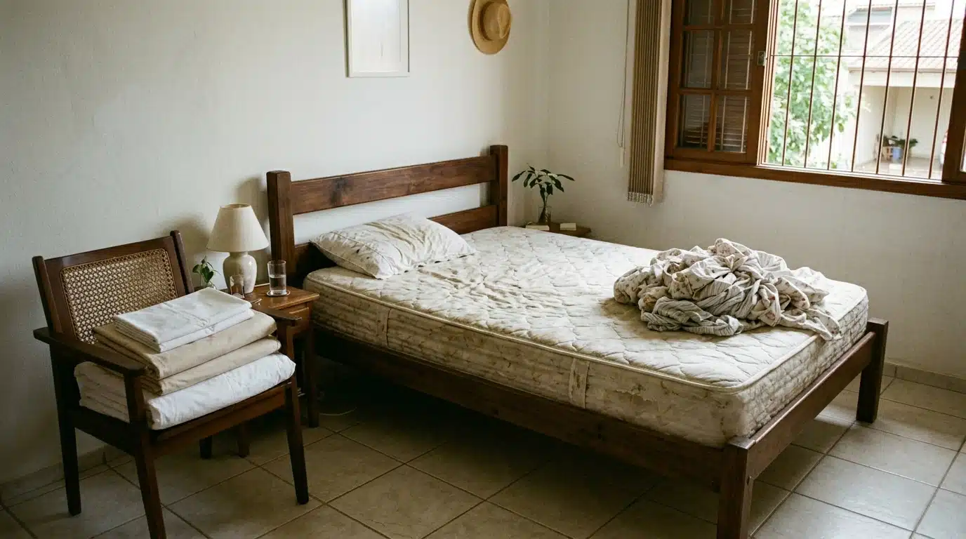 Quarto com cama de casal de madeira exibindo o colchão sem lençol e roupas de cama emboladas em cima. Uma cadeira de madeira e palhinha ao lado guarda lençóis limpos e dobrados.