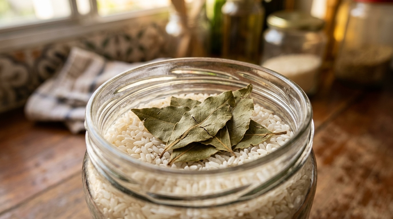 Pote de vidro transparente aberto, cheio de grãos de arroz branco cru, com algumas folhas de louro secas dispostas no topo, sobre uma bancada de madeira rústica.