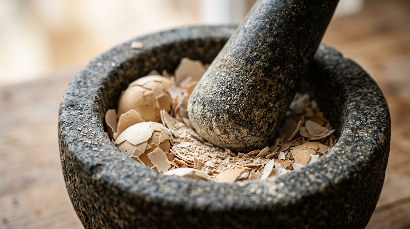 Close-up de cascas de ovo beges quebradas sendo trituradas até virarem pó por um pilão de pedra escura dentro de um almofariz.