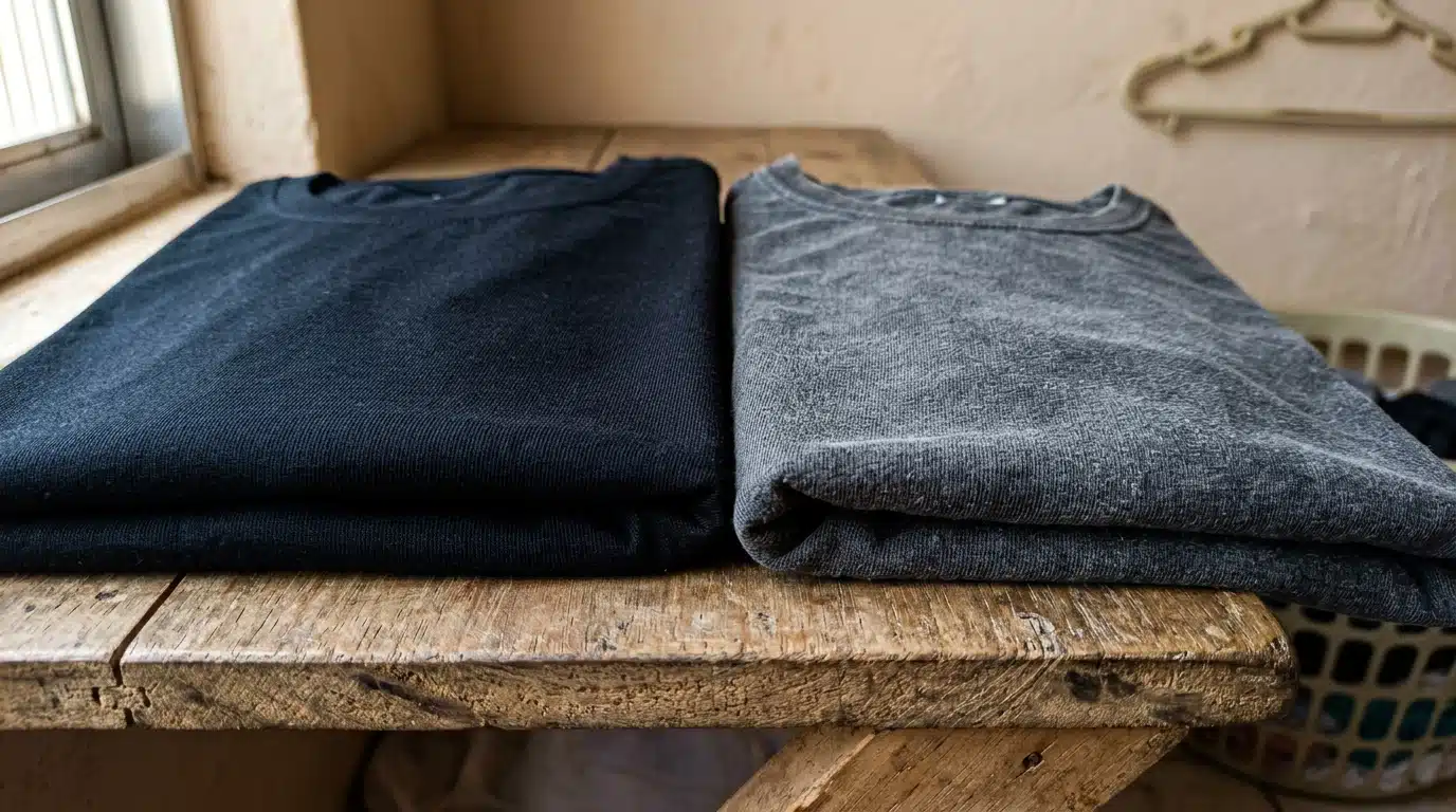 Duas camisetas dobradas lado a lado sobre uma bancada rústica de madeira grossa. A camiseta da esquerda apresenta um tom de preto intenso, liso e com aparência de nova. A da direita está severamente desgastada, opaca, com fibras ásperas e um aspecto acinzentado.