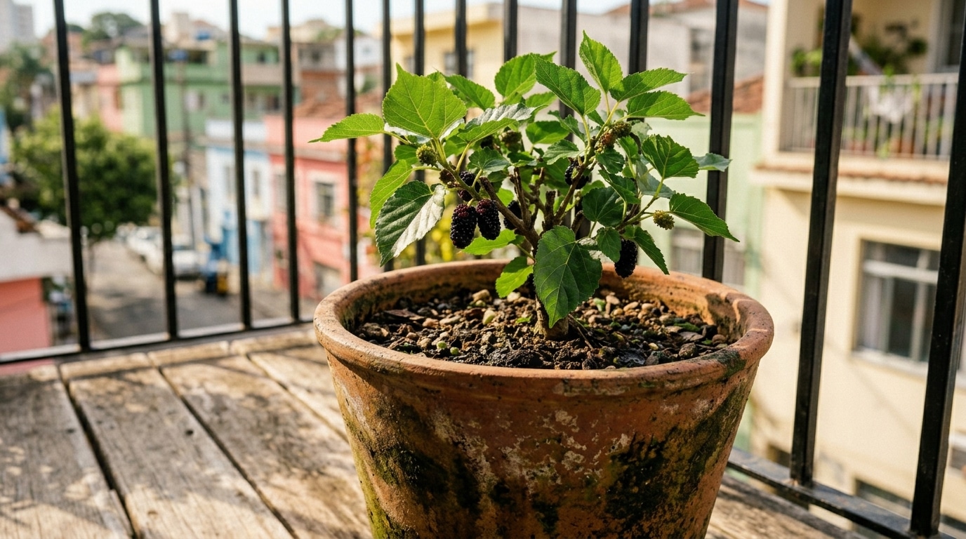 Uma mini amoreira carregada de pequenas amoras escuras e folhas verdes, plantada em um vaso rústico de barro com terra adubada, posicionada sobre o piso de madeira de uma varanda com grade metálica e vista urbana ao fundo.