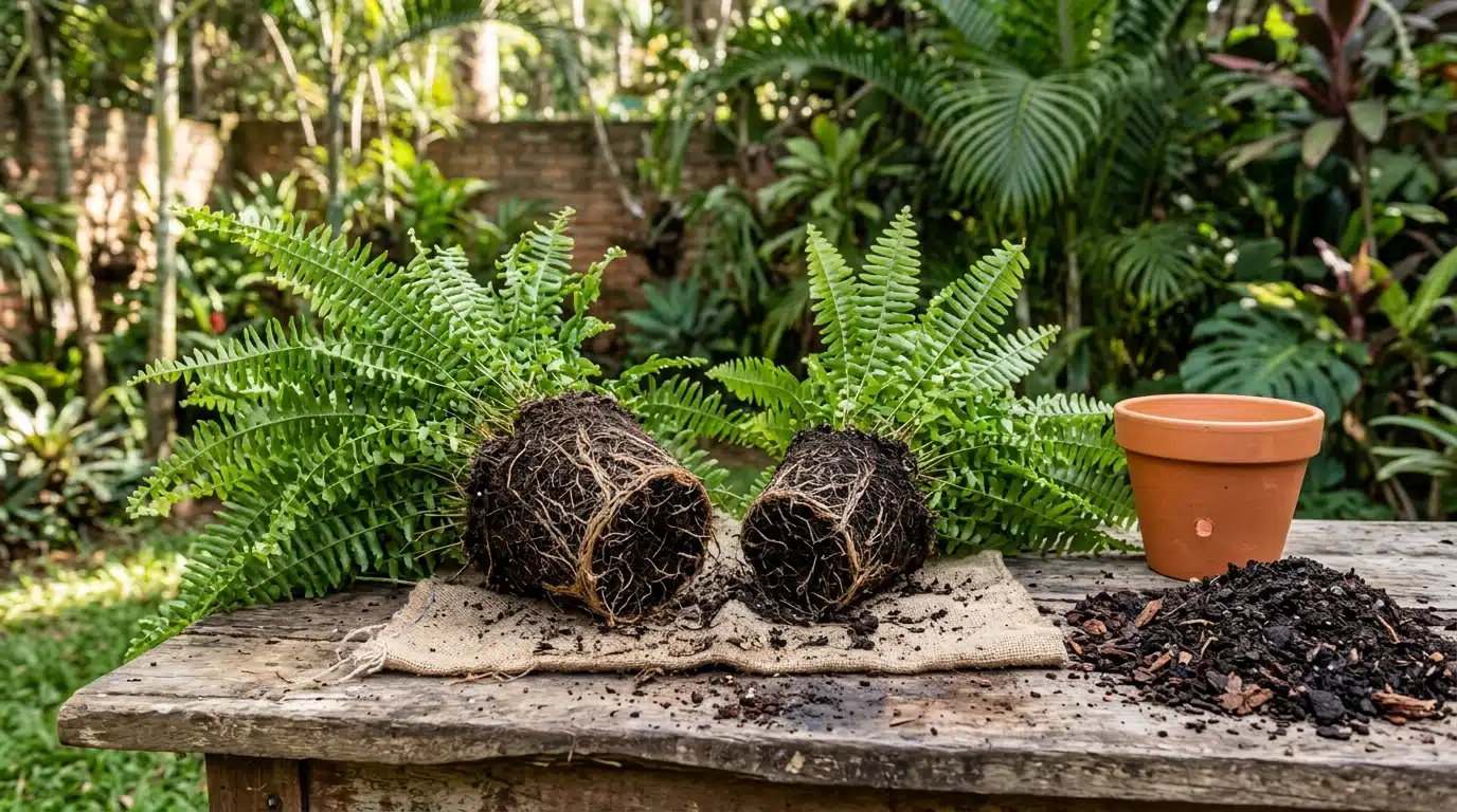 Duas metades de uma samambaia com as raízes e a terra expostas sobre um tecido rústico em uma mesa de madeira, ao lado de um vaso de barro vazio e um monte de substrato.