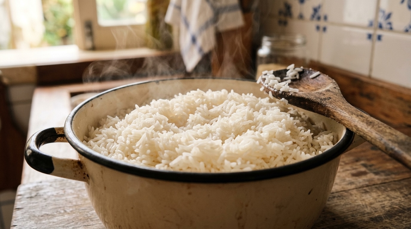 Panela esmaltada clara cheia de arroz branco cozido, soltinho e soltando fumaça sobre uma mesa de madeira, com uma colher de pau apoiada.