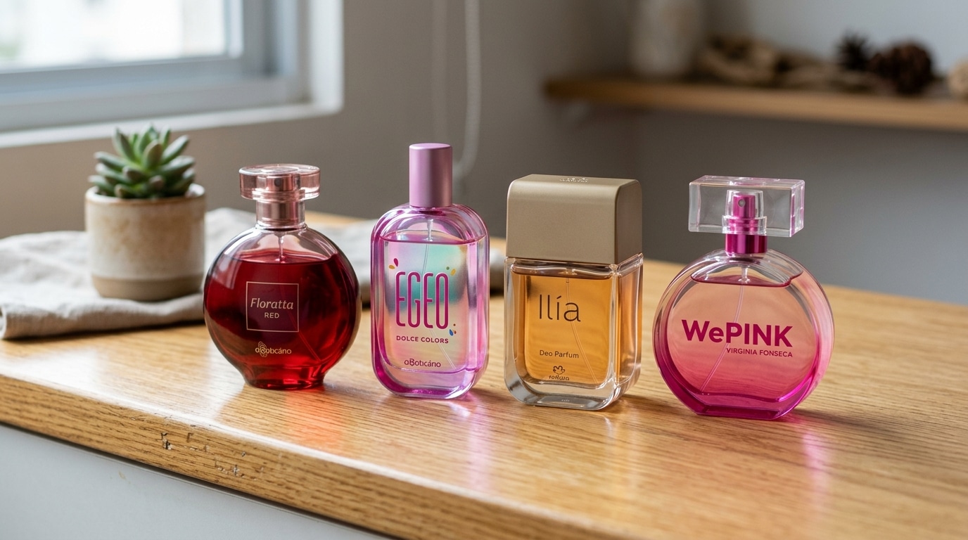 Quatro frascos de perfumes de diferentes marcas, formatos e cores enfileirados sobre uma bancada de madeira clara, próximos a uma janela.
