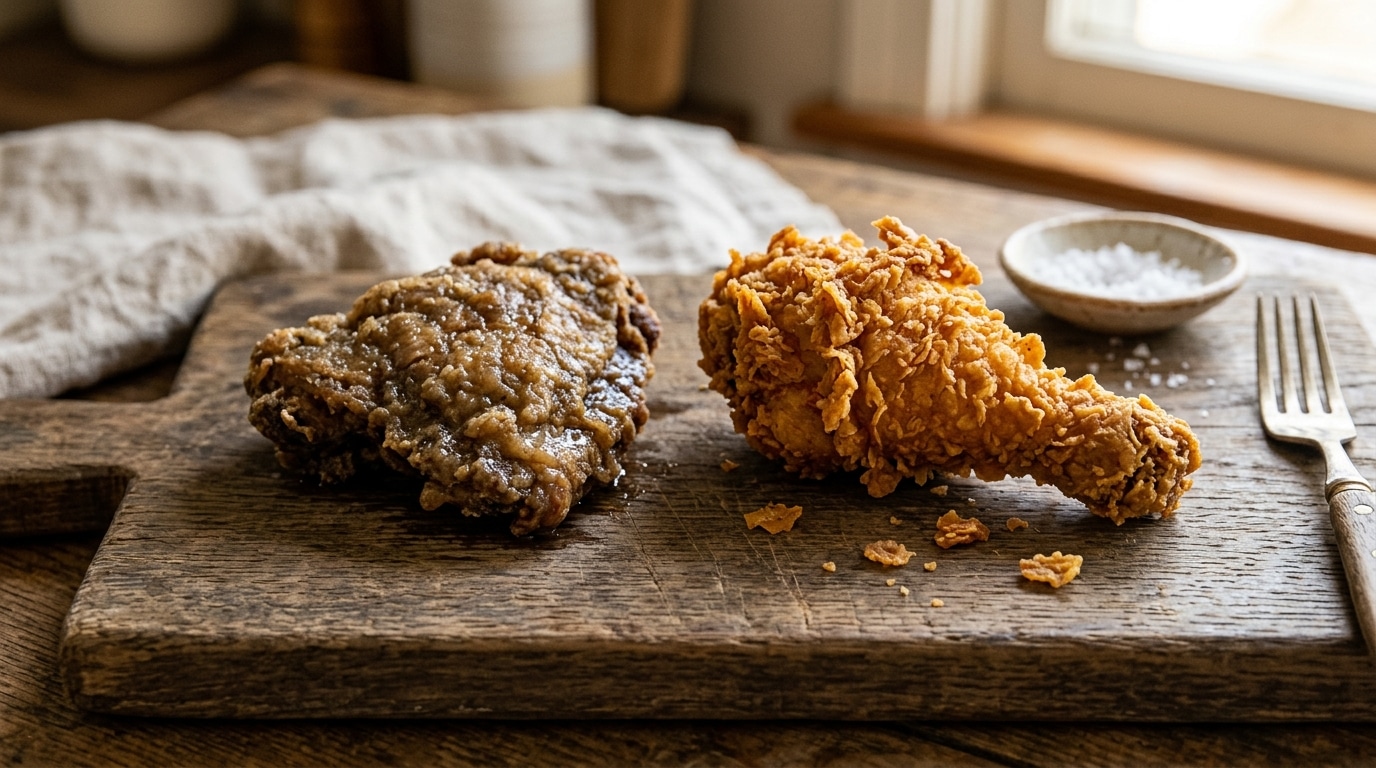 Tábua de madeira exibindo dois pedaços de frango frito lado a lado: uma peça escura e murcha à esquerda, e uma coxa dourada e crocante à direita.