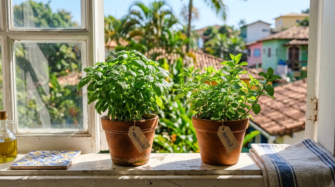 Dois vasos de barro rústicos no parapeito de uma janela aberta, contendo mudas viçosas de manjericão e hortelã com plaquinhas de identificação de papel kraft. Ao fundo, uma paisagem ensolarada de casas e árvores.