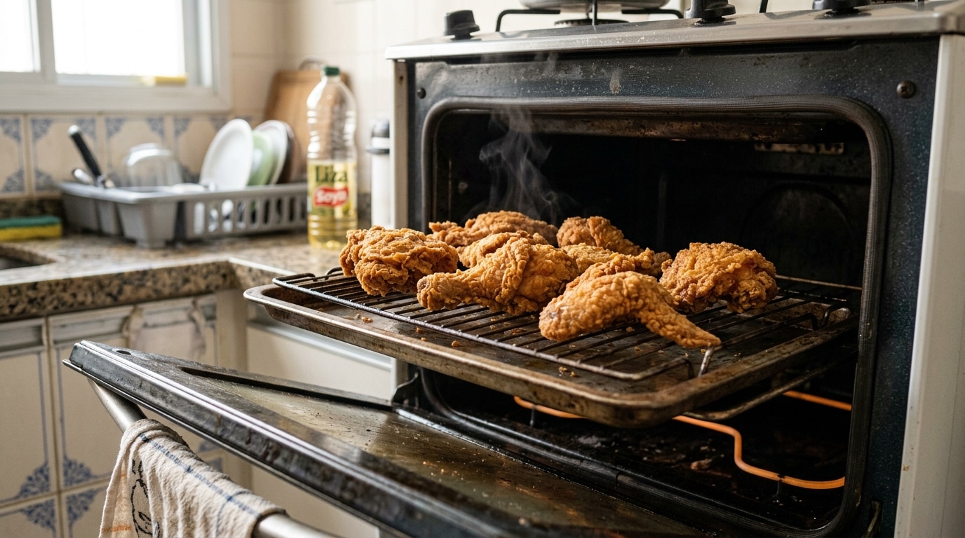Forno semiaberto mostrando uma assadeira com grelha, onde descansam vários pedaços de frango frito dourados e fumegantes.