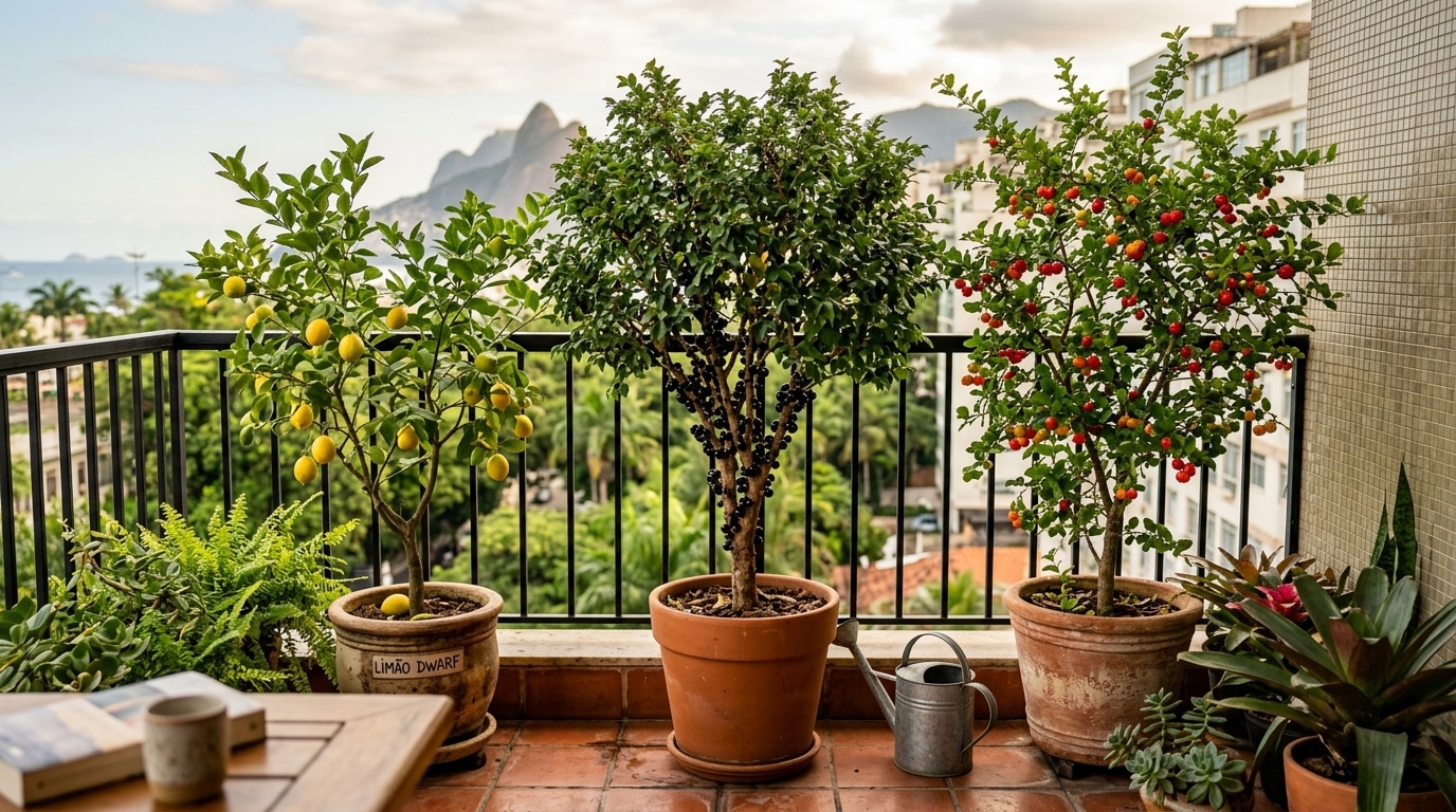 Três vasos de barro na varanda contendo pequenas árvores frutíferas: um limoeiro, uma jabuticabeira carregada no tronco e uma aceroleira com frutos vermelhos, com vista para montanhas.