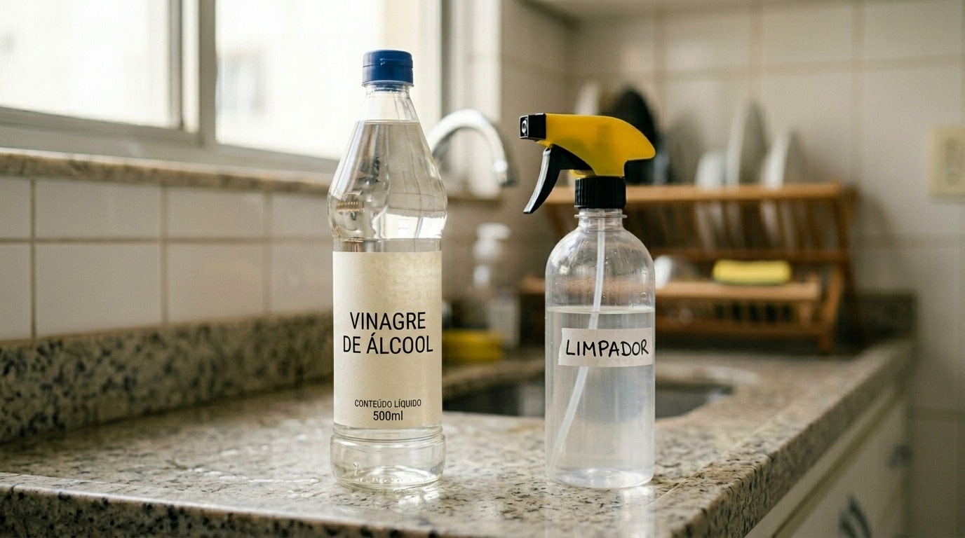 Uma garrafa de vinagre de álcool transparente ao lado de um frasco borrifador com líquido e etiqueta escrita 'Limpador'. Ambos estão sobre uma bancada de granito claro na cozinha, com a pia e o escorredor de louças desfocados ao fundo.