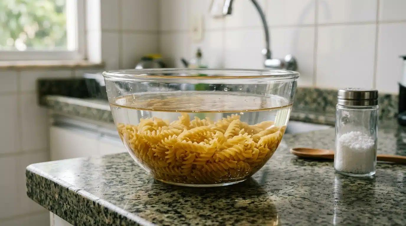 Close-up de uma tigela de vidro transparente cheia de macarrão tipo fusilli (parafuso) cru, sobre uma mesa de madeira rústica em uma cozinha com iluminação natural.