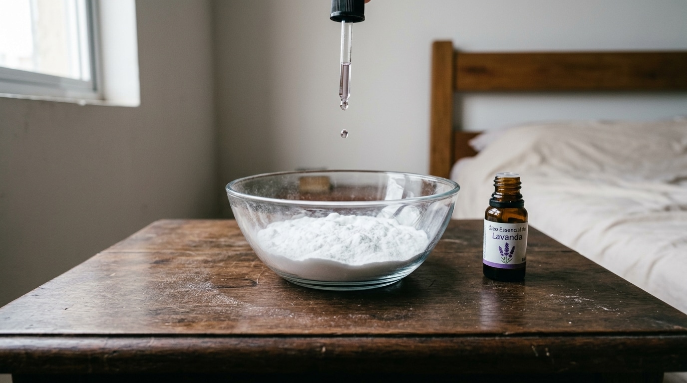 Conta-gotas pingando líquido em uma tigela de vidro com bicarbonato de sódio em pó sobre uma mesa rústica. Ao lado, um frasco de óleo essencial de lavanda.