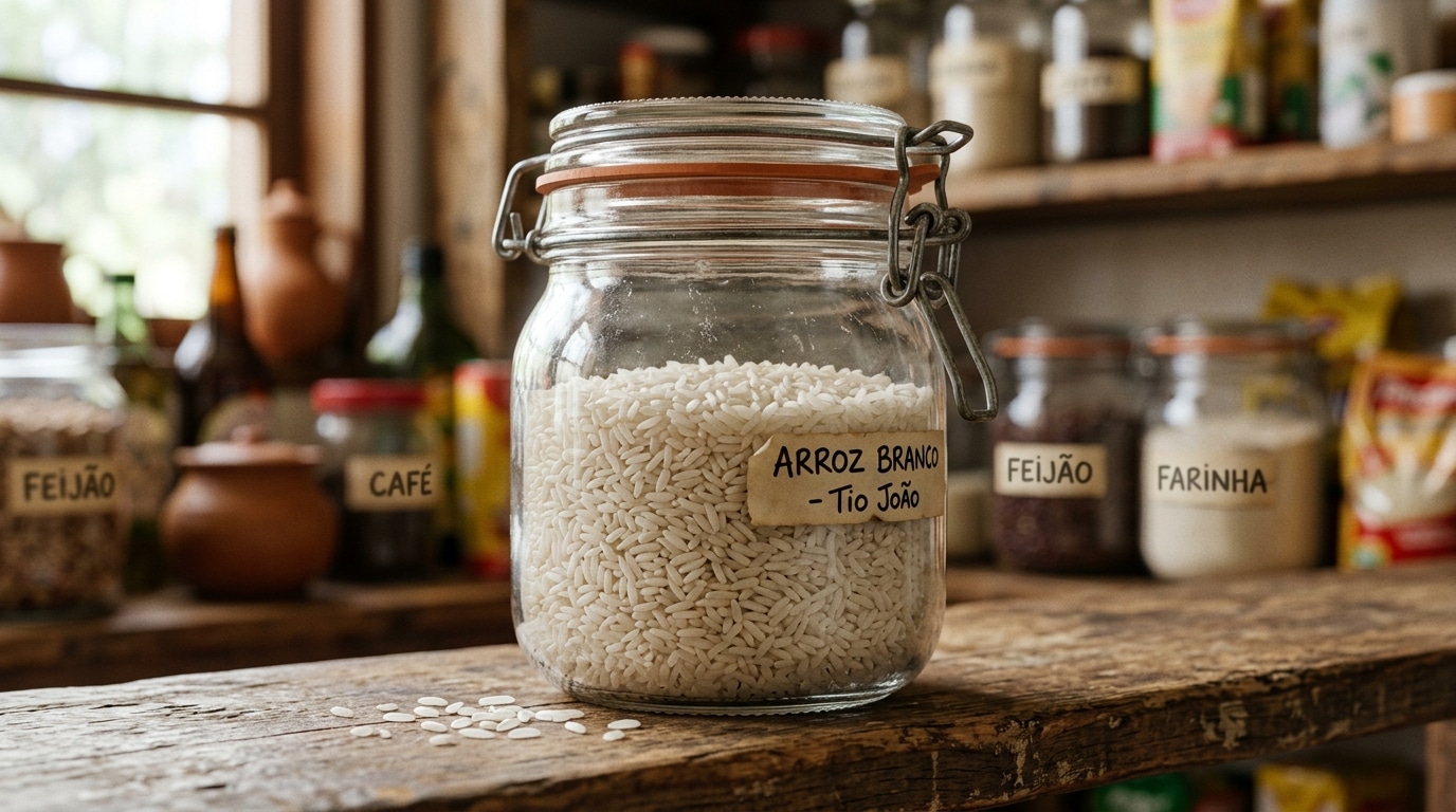 Pote de vidro hermético com fecho metálico cheio de arroz branco, ostentando uma etiqueta rústica com a inscrição à mão "ARROZ BRANCO", rodeado por outros potes de mantimentos ao fundo.