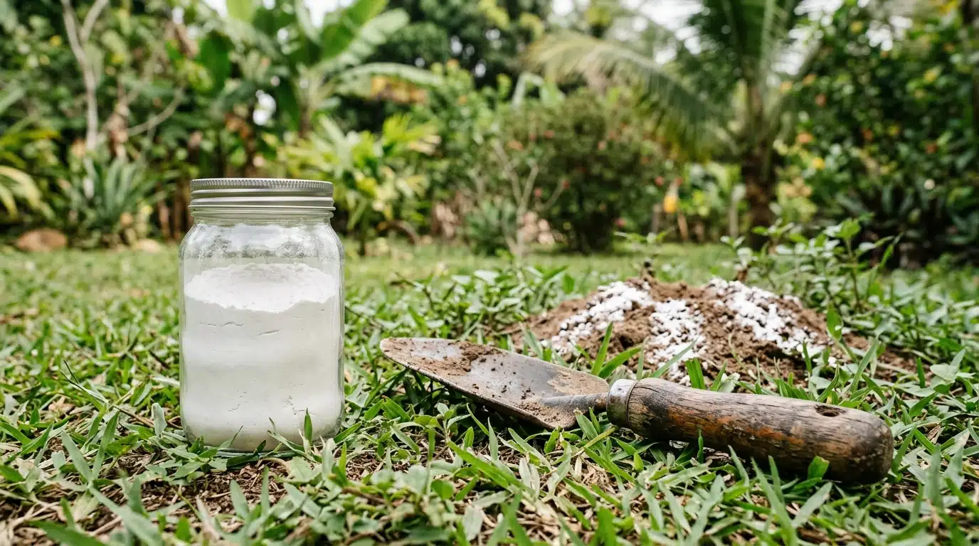 Um pote de vidro com pó branco, uma pá de jardinagem com cabo de madeira e um formigueiro tratado com pó no fundo, sobre a grama.