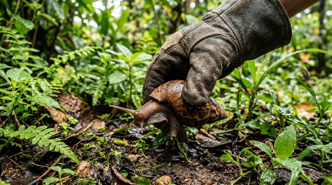 Uma mão vestindo uma luva rústica e grossa de jardinagem segurando firmemente a concha de um grande caramujo-africano pouco acima do solo úmido com folhas e grama verde.