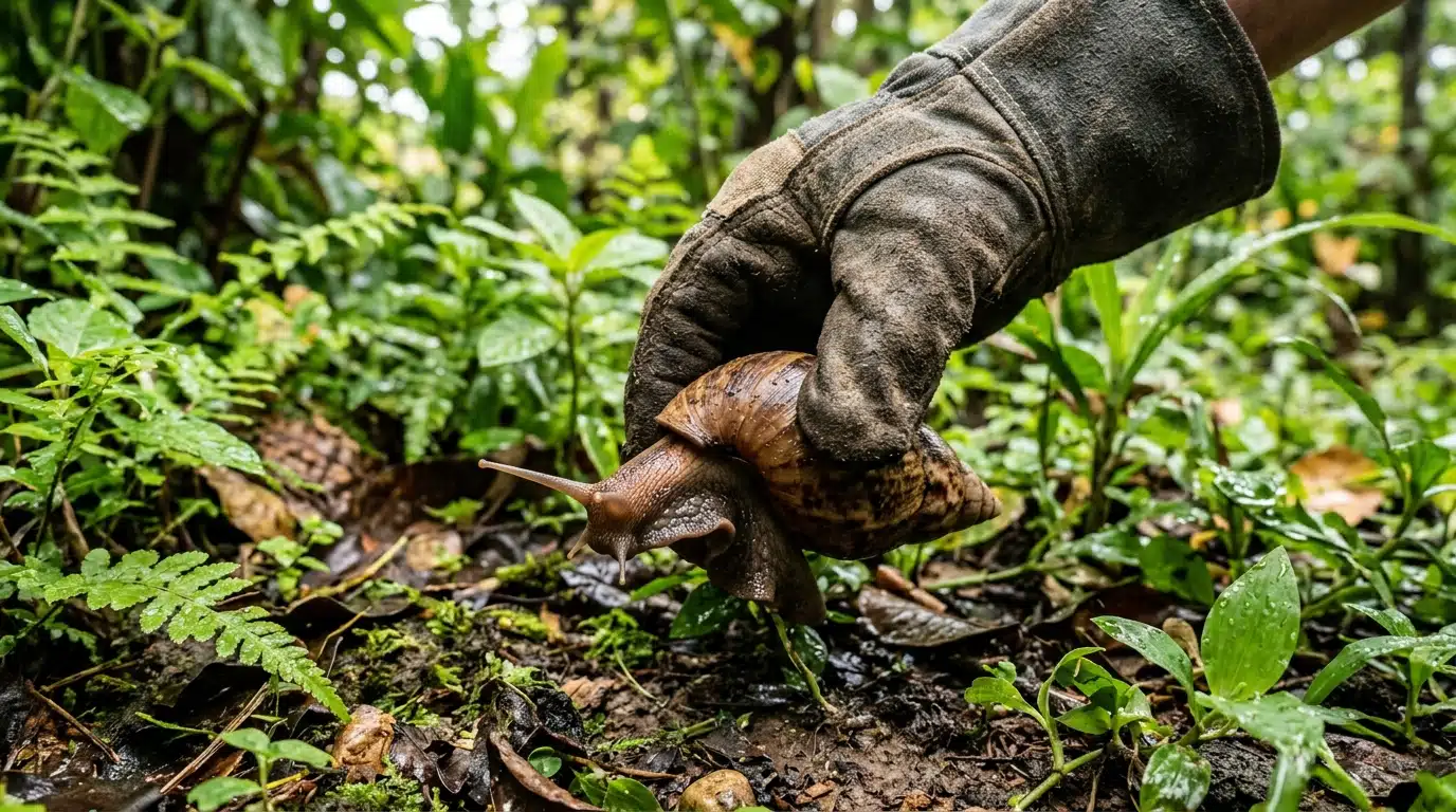 Uma mão vestindo uma luva rústica e grossa de jardinagem segurando firmemente a concha de um grande caramujo-africano pouco acima do solo úmido com folhas e grama verde.