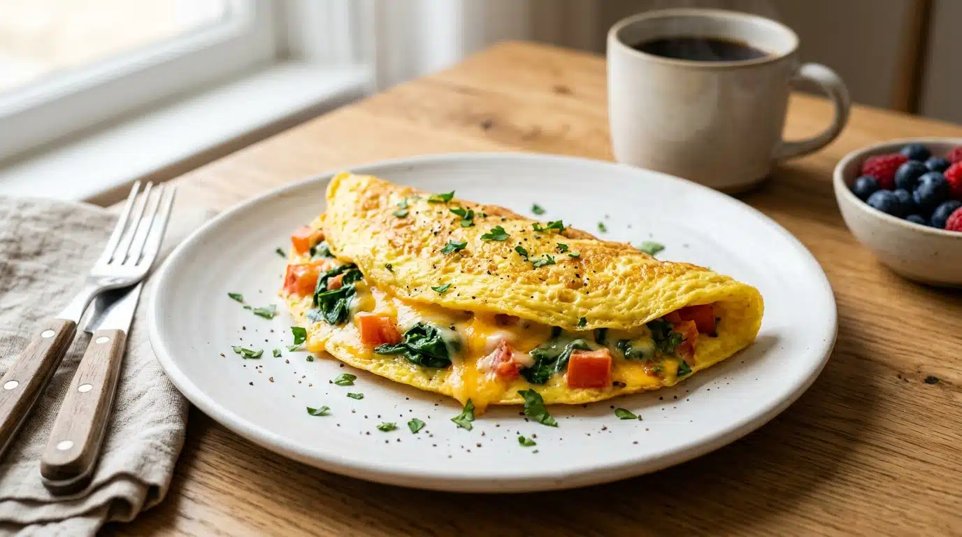 Omelete amarela e bem dourada, com textura visualmente aerada e fofinha, dobrada perfeitamente ao meio sobre um prato branco liso em uma mesa de café.