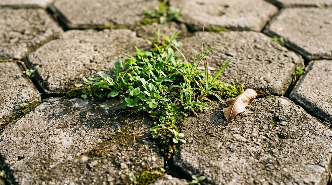 Tufos de grama verde, musgo e pequenos matos crescendo nas frestas de um chão de blocos hexagonais de concreto, com uma folha seca ao lado.