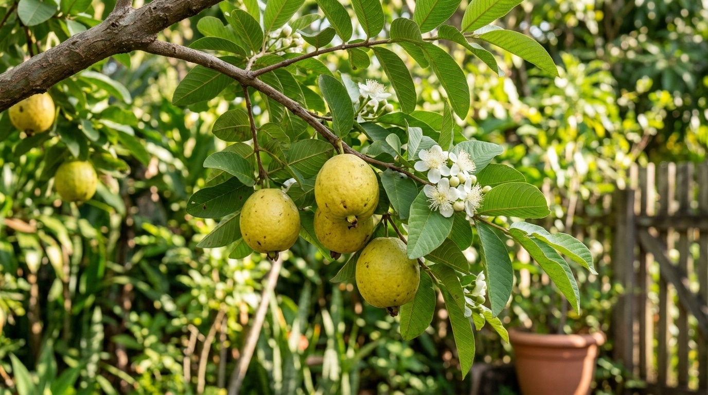 Detalhe de um galho rústico de goiabeira pendendo com o peso de cinco grandes goiabas amarelas e maduras. Logo acima e ao lado das frutas, destacam-se delicadas flores brancas da goiabeira com seus estames visíveis. O fundo verde do jardim está suavemente desfocado, destacando a fruta.