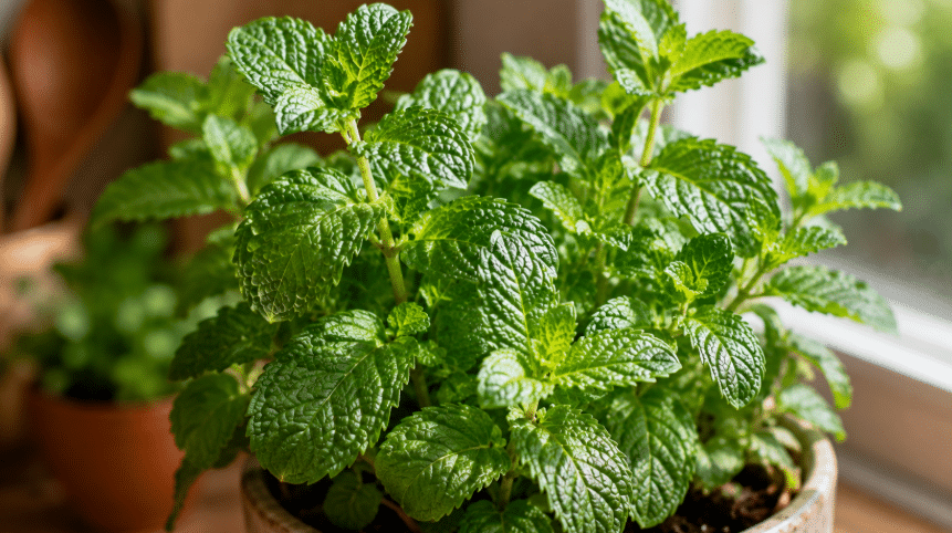 Close-up de hortelã verde em vaso dentro da cozinha, com folhas frescas e texturizadas iluminadas pela luz natural da janela.