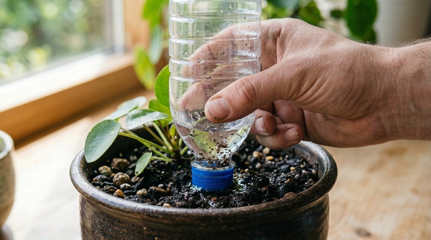 Mão segurando uma garrafa de plástico com água e empurrando a tampa azul para dentro da terra úmida de um vaso escuro com uma pequena planta verde.