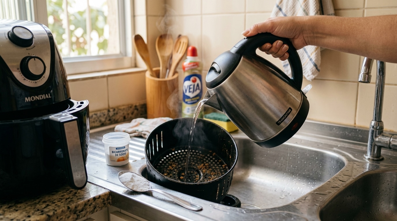 Mão segurando uma chaleira elétrica de inox e despejando água quente dentro de um cesto sujo de air fryer na pia. Ao lado, há um pote e uma colher com bicarbonato de sódio, com a fritadeira elétrica visível ao fundo.
