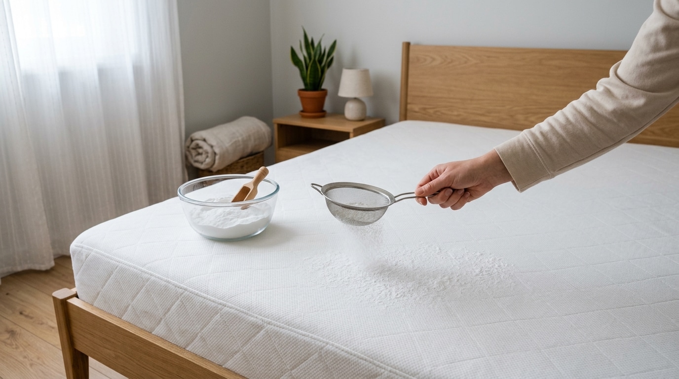 Uma mão feminina segurando uma peneira de metal para polvilhar suavemente bicarbonato de sódio sobre a superfície de um colchão branco. Ao lado, sobre a cama, repousa uma tigela de vidro com o pó e uma colher medidora de madeira. O quarto é claro e iluminado.