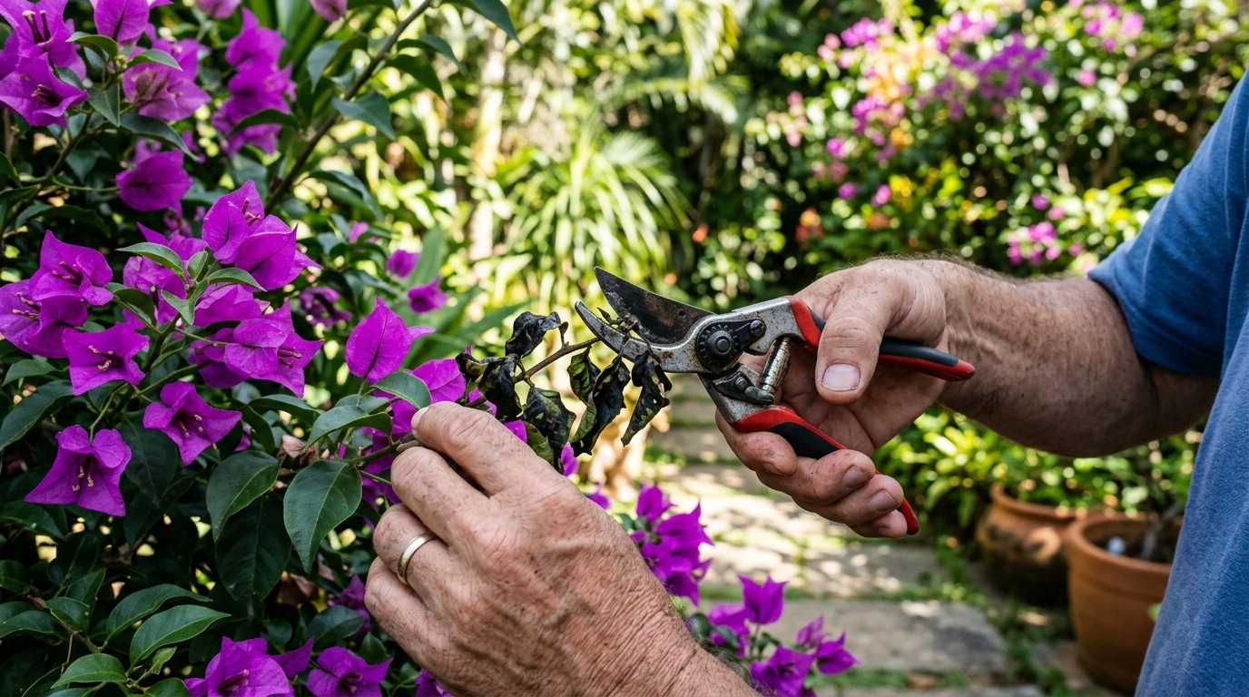 Mãos de um jardineiro segurando uma tesoura de poda para cortar folhas murchas e escurecidas por doenças em um galho de primavera (Bougainvillea) com flores roxas vibrantes.