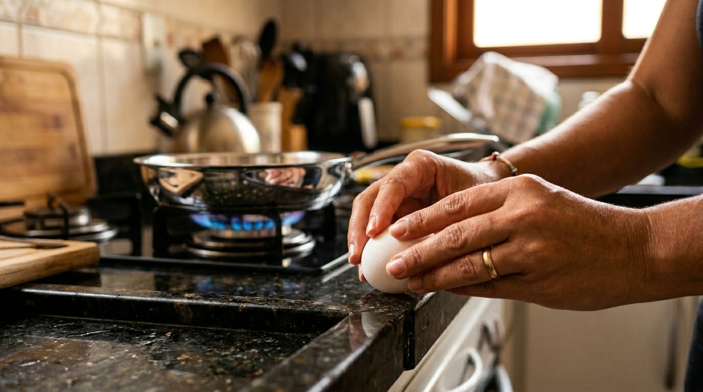 Mãos de uma pessoa segurando um ovo branco cru sobre uma bancada de granito escuro. Ao fundo, desfocado, um fogão a gás com a chama azul acesa aquecendo uma frigideira de inox.