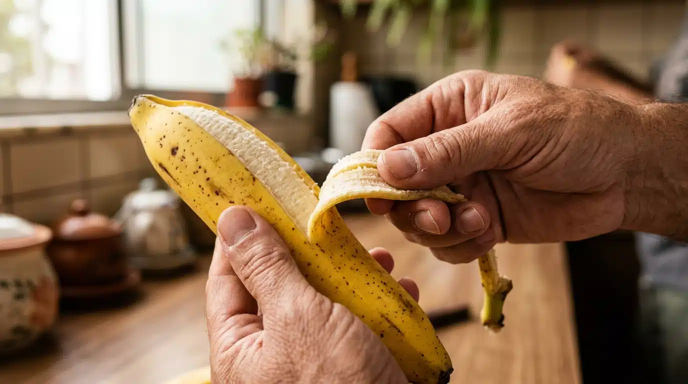 Mãos masculinas descascando uma banana madura de casca amarela com pequenas manchas escuras, com um cenário de cozinha e luz natural suave desfocados ao fundo.