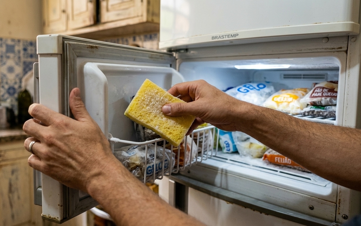 Câmera posicionada de perto mostrando mãos masculinas abrindo a porta de um congelador branco e segurando uma esponja de cozinha amarela e verde. A esponja está dura e coberta por cristais de gelo. Ao fundo, nas grades do freezer, veem-se pacotes de alimentos congelados e gelo.