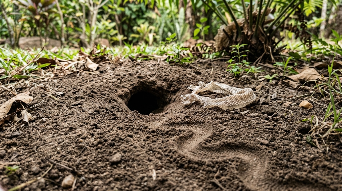 Fotografia de um buraco escuro na terra batida de um quintal. Logo ao lado da entrada da toca, há uma pele de cobra seca (exúvia) recém-trocada e um nítido rastro sinuoso em forma de 'S' marcado no solo, indicando o movimento do animal.