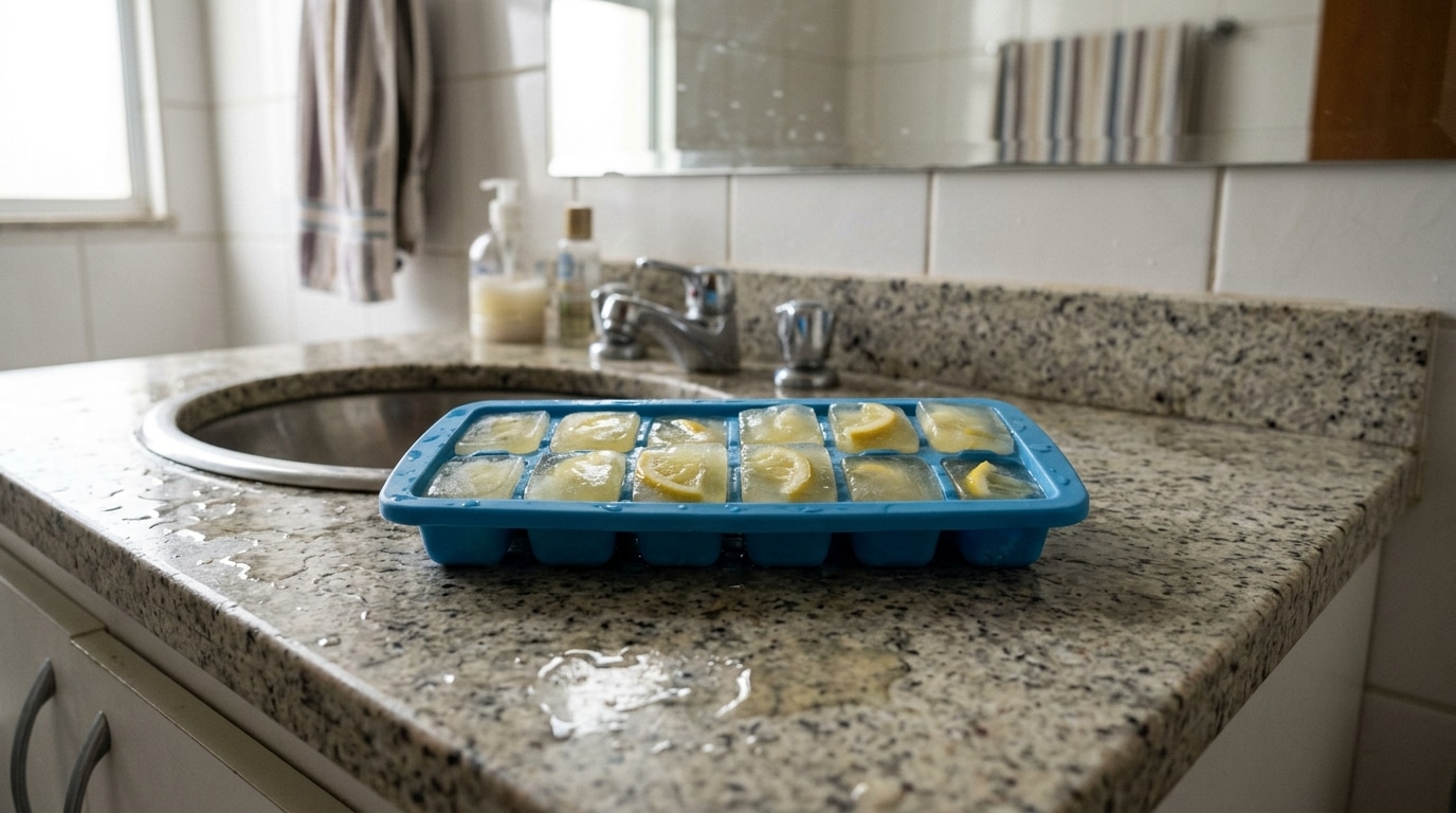Forma de gelo azul contendo cubos congelados com pedaços de limão, apoiada sobre uma bancada de granito molhada ao lado de uma pia de banheiro.