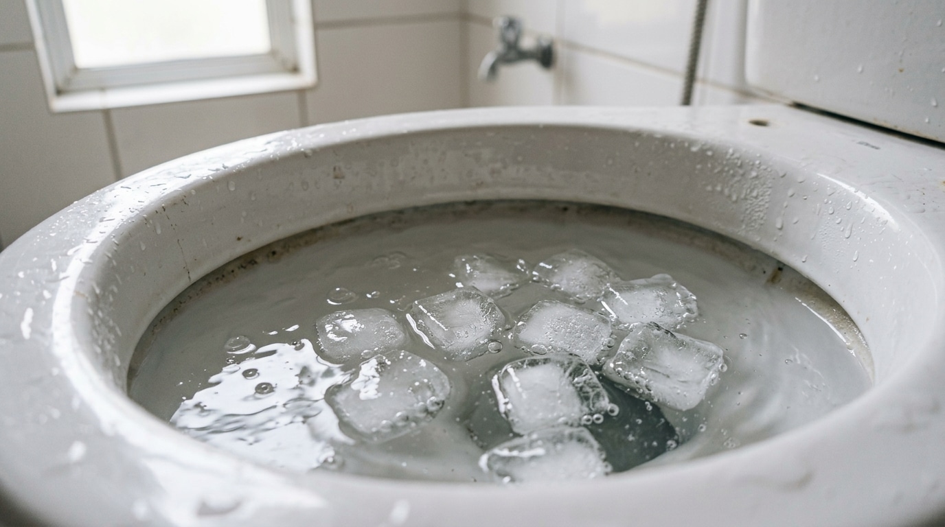 Imagem em close-up mostrando vários cubos de gelo derretendo e flutuando na água levemente agitada dentro de um vaso sanitário branco.