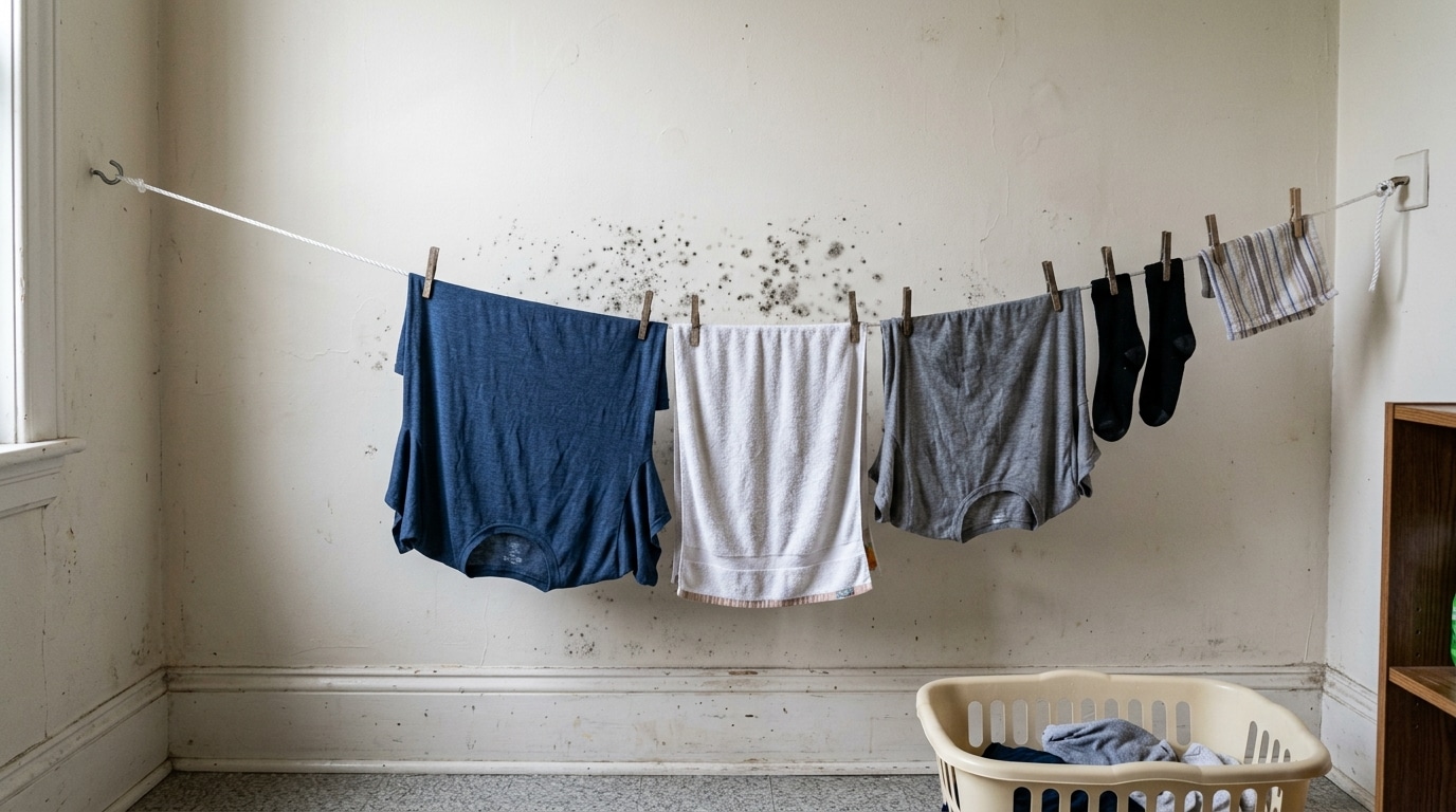 Roupas penduradas em uma corda improvisada dentro de um quarto com manchas escuras de mofo na parede branca ao fundo. Um cesto de roupas claro está no chão.