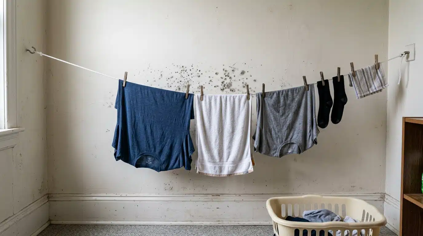 Roupas penduradas em uma corda improvisada dentro de um quarto com manchas escuras de mofo na parede branca ao fundo. Um cesto de roupas claro está no chão.