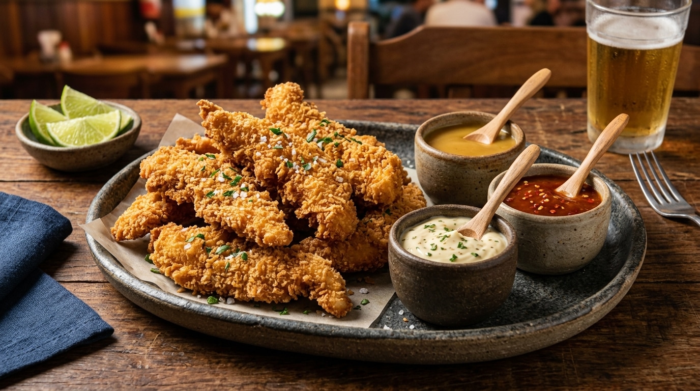 Um grande prato de cerâmica em uma mesa de bar de madeira servindo uma montanha de iscas de frango empanadas, extremamente douradas e crocantes, salpicadas com sal grosso e salsinha. Ao lado, três pequenos potinhos de cerâmica com diferentes molhos para mergulhar.